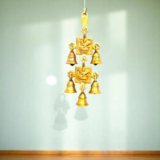 Brass Saraswati Wind Chime | Elegant Home Decoration for Knowledge & Blessings | Brass Saraswati Wall Hanging ( Yellow, 9.2 inch) Aakrati