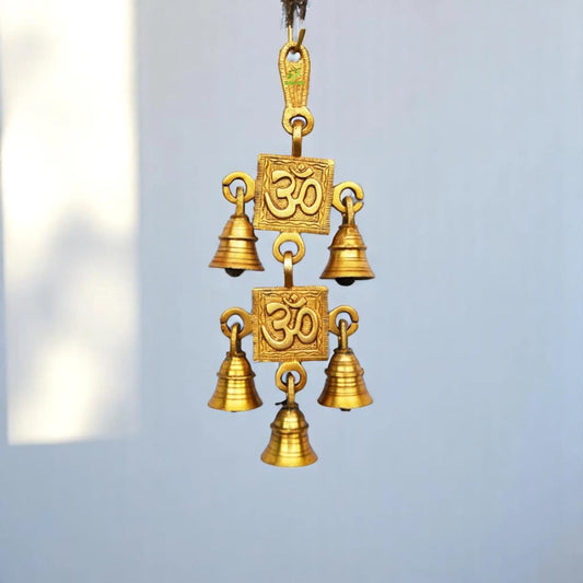 Brass Om Wind Chime | Sacred Wall Hanging for Peace and Spiritual Blessings | Brass Decorative Hanging Bell ( Yellow, 9.2 inch) Aakrati