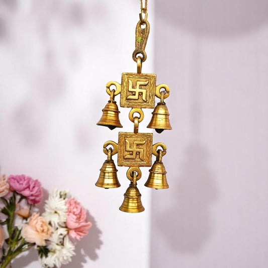 Vastu Brass Wind Chime | Traditional Wall Hanging for Spiritual Blessings & Good Vibes | Brass Swastik Hanging Bell ( Yellow, 9.2 inch)