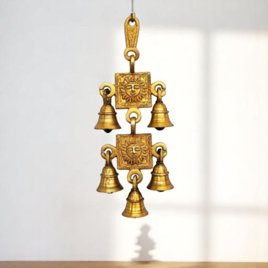 Divine Brass Sun Face Wind Chime | Traditional Shubh Labh Décor for Spiritual Blessings | Religious Brass Wall Hanging ( Yellow, 9.2 inch)