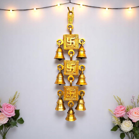 Brass Swastik Wind Chime | Home Decoration for Blessings | Brass Wind Chime Wall Hanging ( Yellow, 12.5 inch)