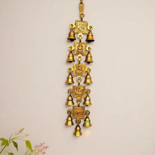 Brass Ganesha Wall Hanging Wind Chime | Divine Spiritual Decoration for Your Home | Brass Wall Hanging With 11 Little Bell ( Yellow, 18.4 inch) Aakrati