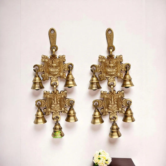 Brass Laxmi Ganesha Engraved Wind Chime | Divine Protection and Prosperity | Brass Religious Wall Hanging ( Yellow, 9.5 inch) Aakrati