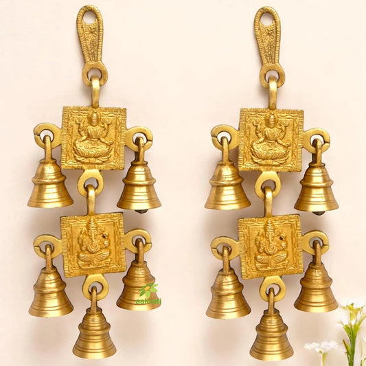 Divine Laxmi-Ganesha Engraved Brass Wind Chime | Perfect for Spiritual Spaces | Religious Brass Laxmi Ganesha Wind Chime ( Yellow, 9 inch) Aakrati
