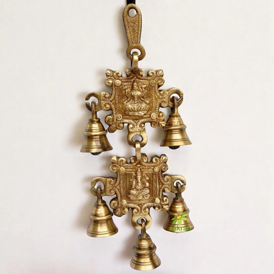 Brass Laxmi Ganesha Wind Chime | Spiritual Home Décor | Sacred Brass Wind Chime with Laxmi and Ganesha Engravings ( Yellow, 9.5 inch)