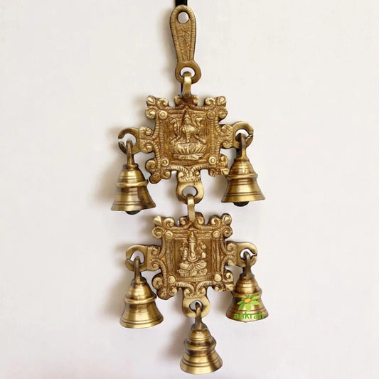 Brass Laxmi Ganesha Wind Chime | Spiritual Home Décor | Sacred Brass Wind Chime with Laxmi and Ganesha Engravings ( Yellow, 9.5 inch) Aakrati