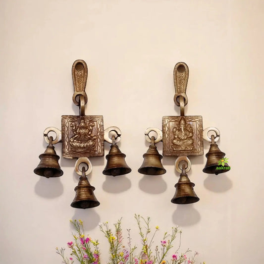 Brass Lakshmi Ganesha Wind Chime | Lakshmi Ganesha for Prosperity and Peace | Brass Religious Wall Hanging ( Brown, 6.8 inch) Aakrati