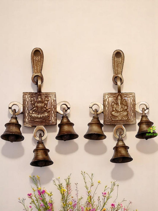 Brass Lakshmi Ganesha Wind Chime | Lakshmi Ganesha for Prosperity and Peace | Brass Religious Wall Hanging ( Brown, 6.8 inch)