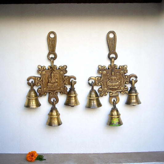 Laxmi Gnesha Carving Brass Bell Pair Aakrati