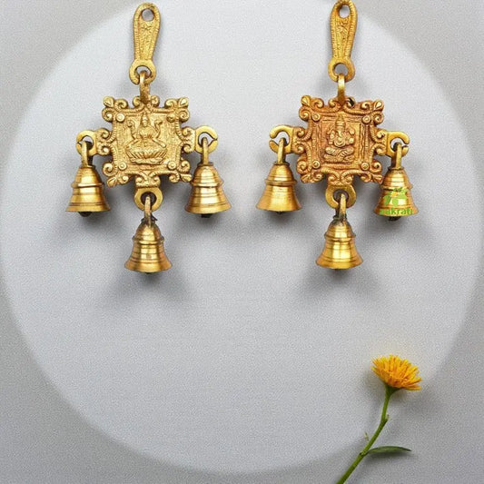 Divine Lakshmi Ganesha Brass Wind Chime | Bless Your Home with Spiritual Serenity | Lakshmi Ganesha Brass Wall Hanging ( Yellow, 6 inch) Aakrati