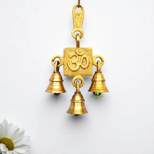Brass Wall Hanging Om Face Wind Chime | Elegant Home Décor | Brass Wall Hanging Bell ( Yellow, 6.8 inch)