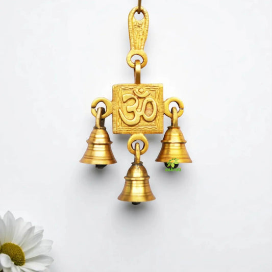 Brass Wall Hanging Om Face Wind Chime | Elegant Home Décor | Brass Wall Hanging Bell ( Yellow, 6.8 inch) Aakrati