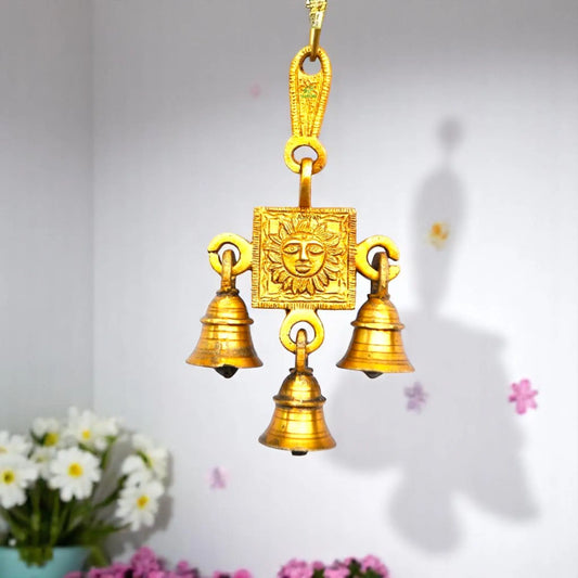 Traditional Brass Wind Chime for Home | Home Décor for Positive Vibes and Spiritual Energy | Brass Sun Face Wall Hanging ( Yellow, 6.8 inch) Aakrati