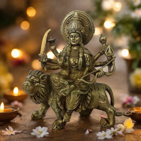 Brass Durga Ji Statue – Handcrafted Hindu Goddess Idol for Home Temple - Handmade Brass Durga Ji Idol Aakrati