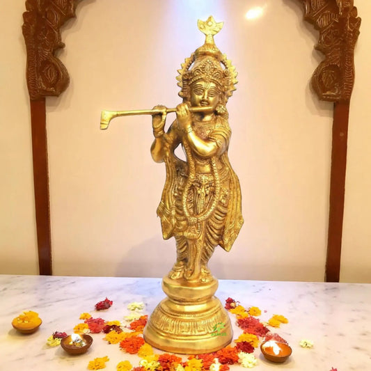 Handcrafted Brass Krishna Murti | Traditional Idol for Home Decoration and Pooja | Brass Krishna Idol ( Yellow, 18 inch) Aakrati