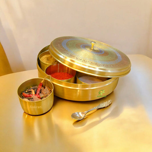 Luxury Brass Masala Box | Functional & Elegant Spice Storage Box for Kitchen | Brass Masala Daani 9 inch Aakrati