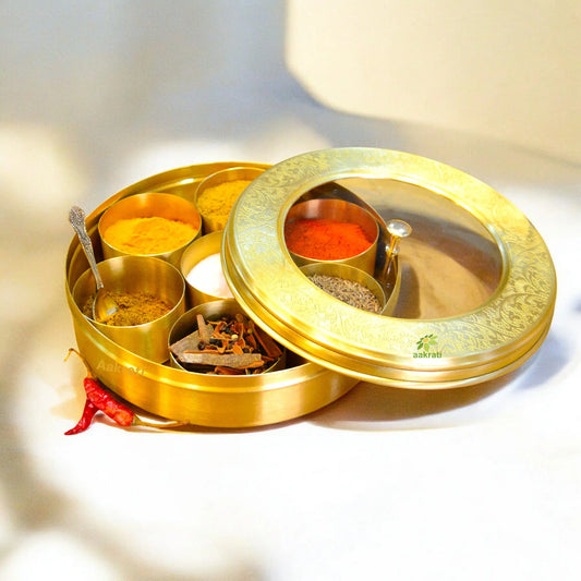 Elegant Brass Masala Box | Traditional & Functional Spice Storage for Home | Decorative Brass Masala Daani ( Yellow, 8 inch) Aakrati
