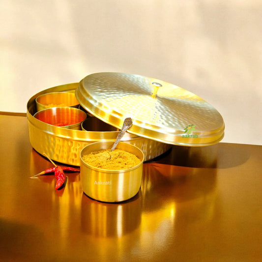 Traditional Brass Masala Daani | Stylish Spice Organizer for Home | Brass Masala Daani ( Yellow, 9 inch) Aakrati