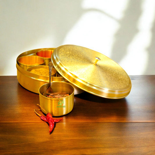 Decorative Brass Masala Box | Authentic Spice Storage for Your Kitchen | Premium Brass Masala Daani ( Yellow, 9.3 inch) Aakrati
