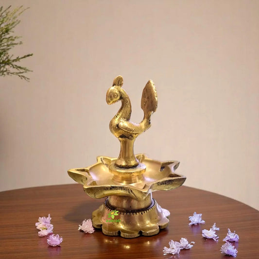 Handcrafted Brass Peacock Diya | Ideal for Housewarming and Pooja | Peacock Shape Brass Deepam ( Yellow, 3.5 inch) Aakrati