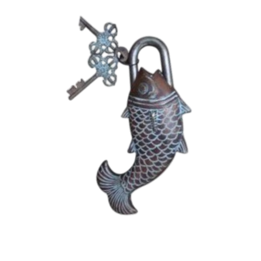 Handcrafted Brass Antique Padlock | Vintage Security for Your Home | Brass Fish Shape Padlock ( Yellow, 3.5 inch) Aakrati