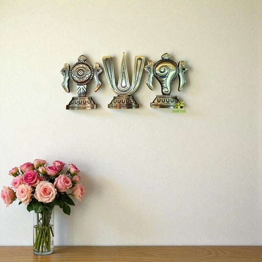 "Handcrafted Brass Shankh Chakra Namah Wall Hanging | "Brass Shankh Chakra Namah Wall Decor | wall hanging (Yellow 6 inch ) Aakrati