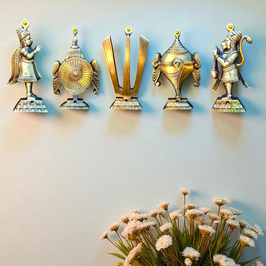 "Pure Brass Shankh Chakra Namah Wall Art | "Antique Finish Brass Shankh Chakra Namah wall decor (Yellow 9 inch) Aakrati