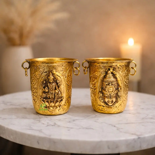 Decorative Brass Balaji Lakshmi Glass Lightweight| Elegant Pooja Accessory for Home Mandir & Gifting| Traditional Brass Glass with Balaji Lakshmi Design| (Yellow, 3.2 Inches) Aakrati
