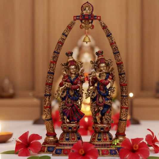Lord Radha Krishna Temple Brass Handmade Religious Decorative Statue Sculpture | Radha Krishna Statue | Brass Decor Aakrati