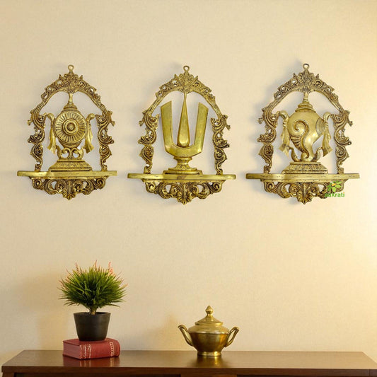 "Handcrafted Brass Shankh Chakra Namah Wall Hanging | "Pure Brass Shankh Chakra Namah Wall Art (yellow 13.5 inch) Aakrati