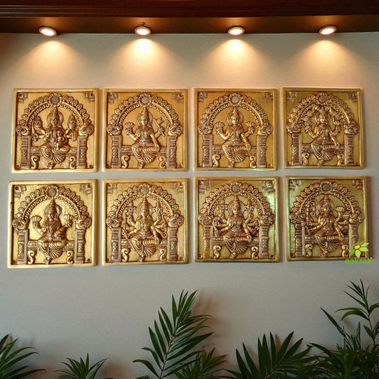 "Brass Ashtalakshmi Wall Art | "Premium Brass Ashtalakshmi Wall Sculpture | (Yellow 8.5 inch)