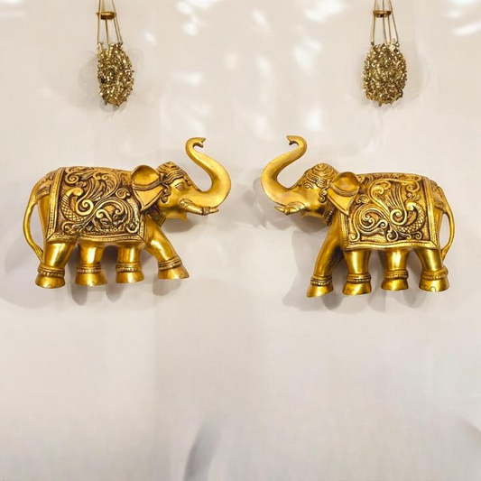"Handcrafted Brass Elephant Wall Decor | "Premium Brass Elephant Wall Hanging | Wall hanging (Yellow 9 inch)