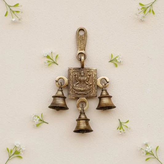 Lakshmi Engraved Brass Wind Chime | Bless Your Home with Prosperity | Brass Religious Wall Hanging Bell ( Brown, 6.8 inch) Aakrati