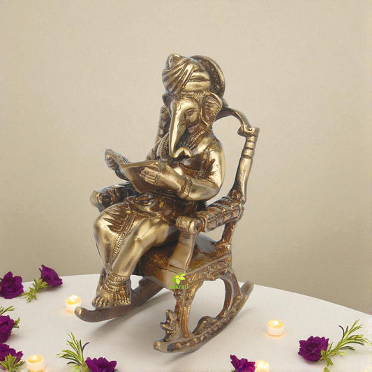 Handcrafted Brass Ganesha Idol | Sitting on Chair for Blessings & Prosperity | Elegant Brass Ganesha Murti ( Yellow, 7.5 inch)