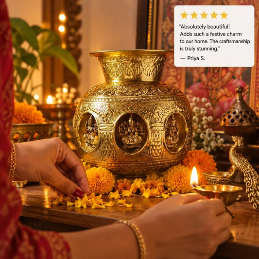 Brass Ashtalakshmi Kalash for Pooja | Engraved 8 Lakshmi Devi Puja Kalash | Brass Puja Essentials (Yellow, 8 Inches)