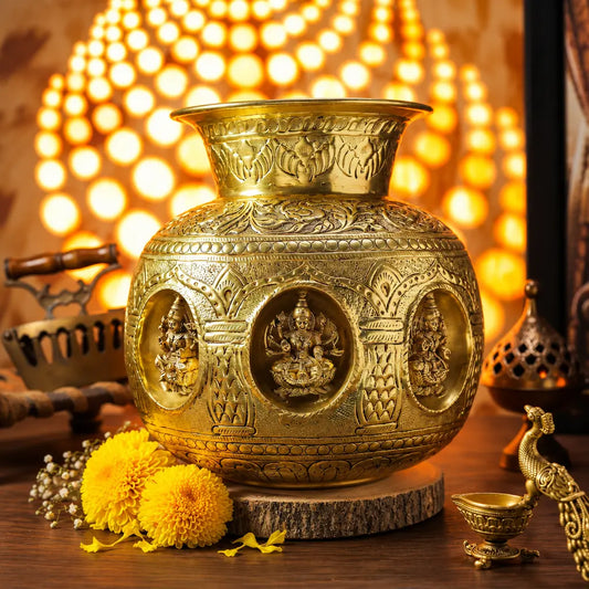Brass Ashtalakshmi Kalash for Pooja | Engraved 8 Lakshmi Devi Puja Kalash | Brass Puja Essentials (Yellow, 8 Inches)