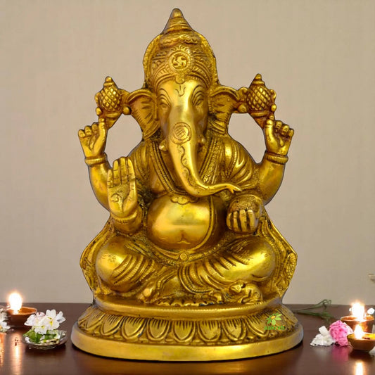 Handmade Brass Ganesha Idol | Elegant and Sacred Temple Decor | Premium Brass Ganesha Murti ( Yellow, 8 inch) Aakrati