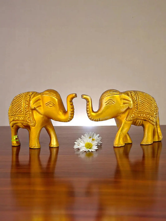 Brass Elephant Pair Statue | Divine Symbol of Good Fortune and Harmony for Your Home | Decorative Mini Elephant Idol ( Yellow, 3.5 inch) Aakrati