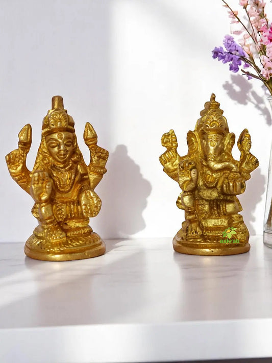 Brass Laxmi Ganesha Idol | Blessings of Wealth, Wisdom, and Success | Traditional Brass Laxmi Ganesha Idol ( Yellow, 2 inch) Aakrati