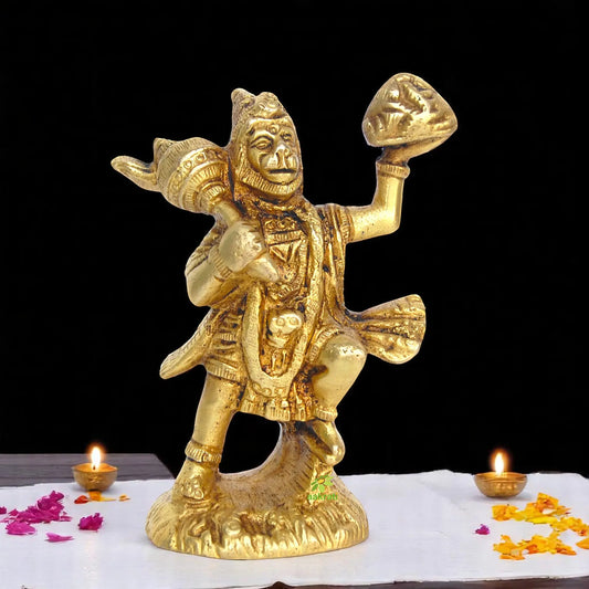 Brass Hanuman Statue | Perfect Showpiece for Home, Office, and Religious Spaces | Handmade Brass Hanuman Idol ( Yellow, 3.5 inch) Aakrati