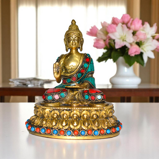 Lord Buddha Sitting on Lotus with turquoise stone work