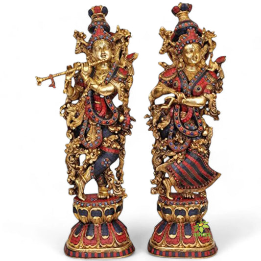 Aakrati Radha Krishna Statue Made in Brass - Hindu God Religious Figurine Idol Turquoise Handwork Big Murti 29 inch in Height | Home Decor | Showpiece | Decorat Aakrati