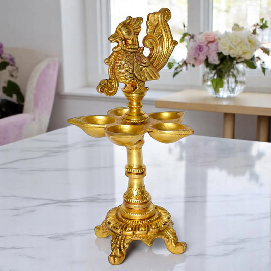 Brass Standing Oil Lamp table top with A Small Bird Figurine for Home Hotel Cottage Resort Decoration Handmade Aakrati