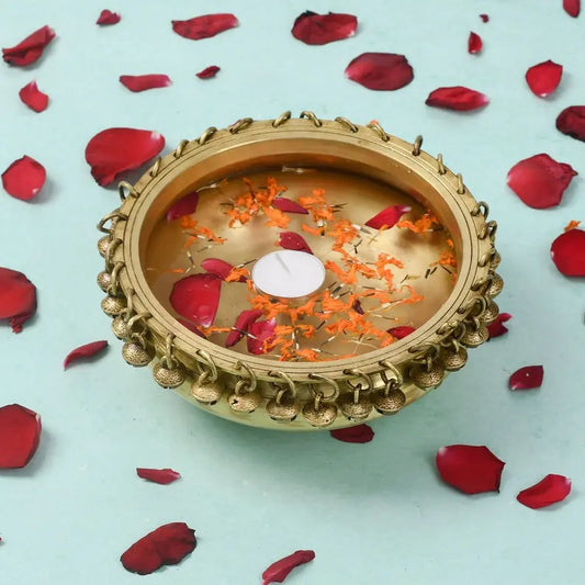 Brass Urli Traditional Bowl with Bells, Centre Table Decor, Brass Decoration Basket, Brass Statue for Corner Table Aakrati