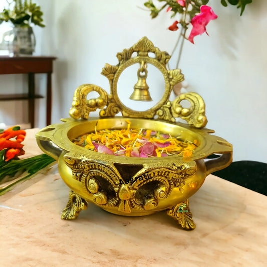 Brass Urli Bowl with bell Brass Urli Bowl for Home Decor, Brass Urli Pot Aakrati