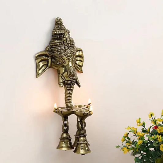 Brass Ganesha Wall Hanging Oil Lamp | Handcrafted Spiritual Decor for Home Temple | Brass Wall Hanging Diya ( Brown, 10 inch) Aakrati