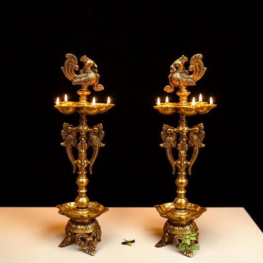 Aakrati Standing Brass Diya Lamp Set of 2 | Diya for Pooja | Brass Diya Stand | Home Temple Decor | Indian Festive Gift