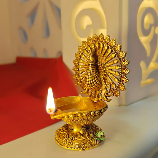 Brass Peacock Diya Oil Lamp for Pooja & Home Decor |Festival Gift Item|Premium Brass Peacock Diya for Puja (Yellow, 3 Inches) Aakrati