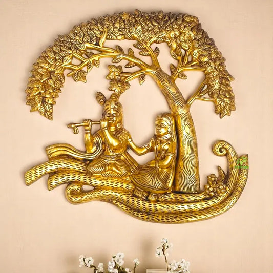 "Handcrafted Brass Radha Krishna Tree Wall Hanging | "Pure Brass Radha Krishna Wall Art | (Yellow 13 inch) Aakrati
