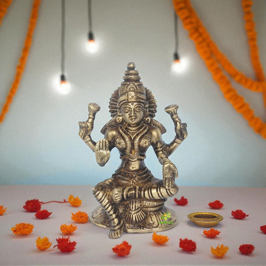 Handcrafted Brass Lakshmi Murti | Ideal Gift for Housewarming & Prosperity | Small Brass Lakshmi Statue ( Brown, 5 inch)